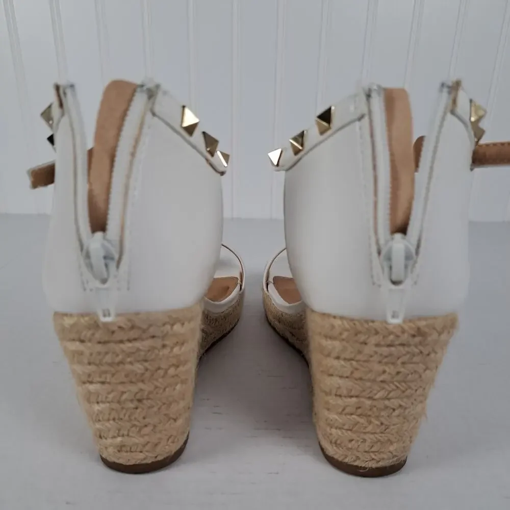 Esprit Espadrille Wedge Sandals White Studded Ankle Strap Back Zipper Womens 8.5
